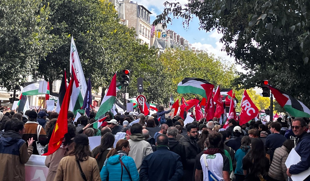 Palestine flags waving on a march in Paris