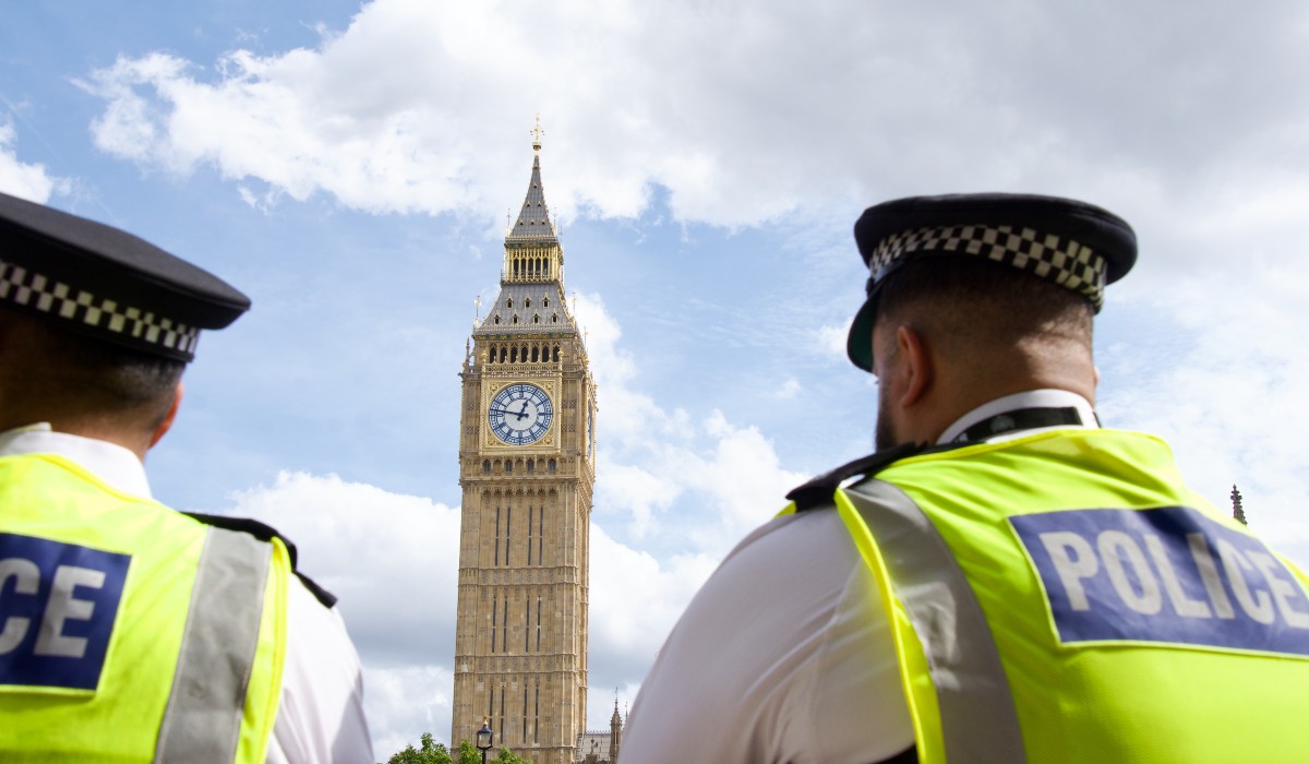 Police at Defend Our Juries protest, 6 September.