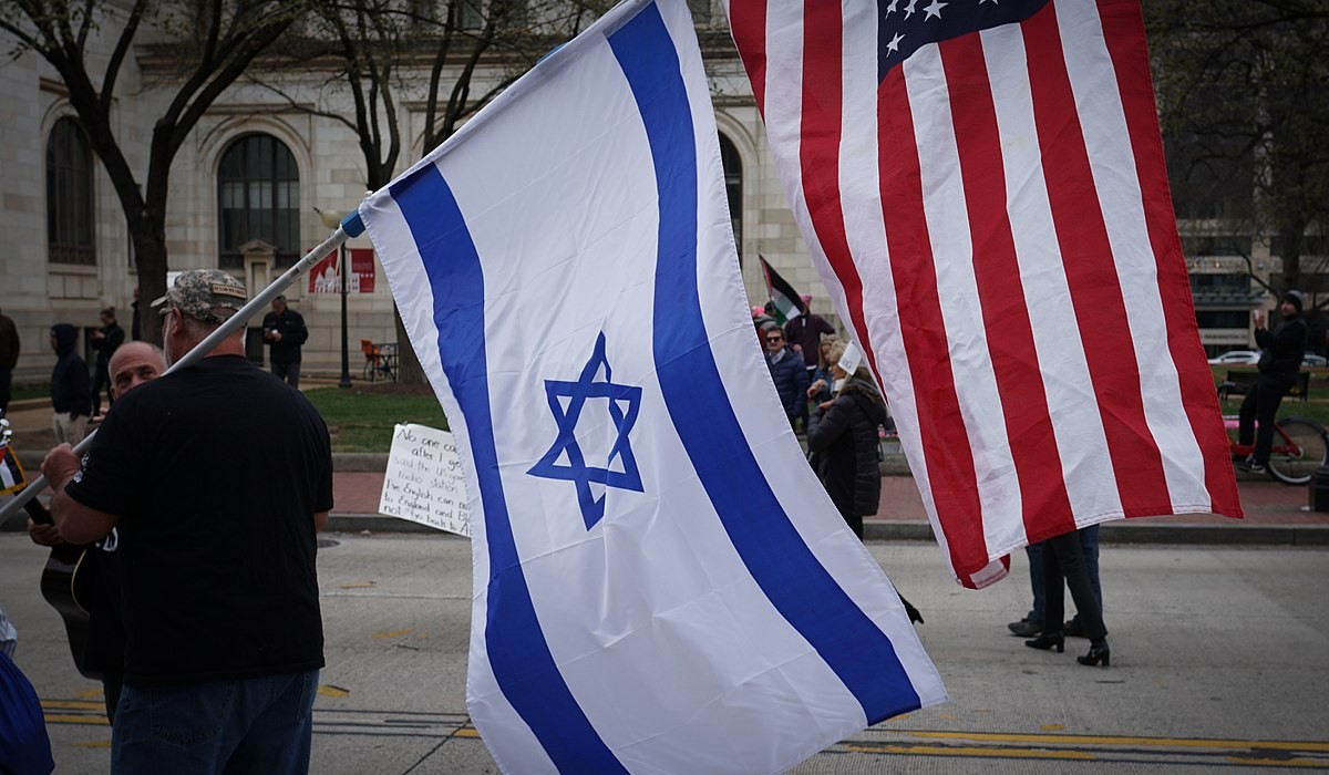 US and Israel flags at a protest, March 2017.