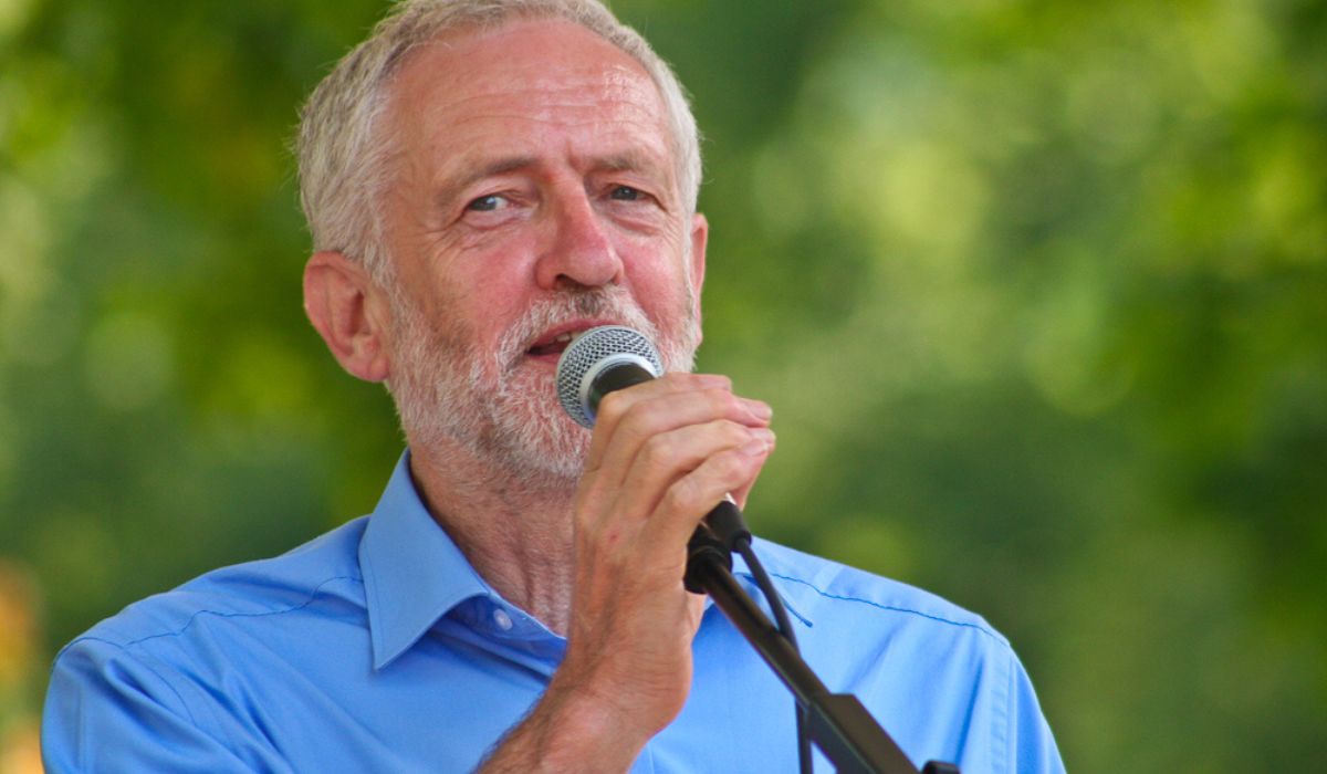Jeremy Corbyn speaking at a political rally.