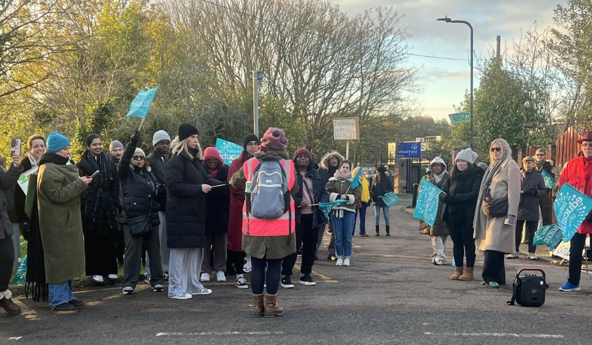 The picket on the second day of strike action by teaching assistants at the Woodfield School.