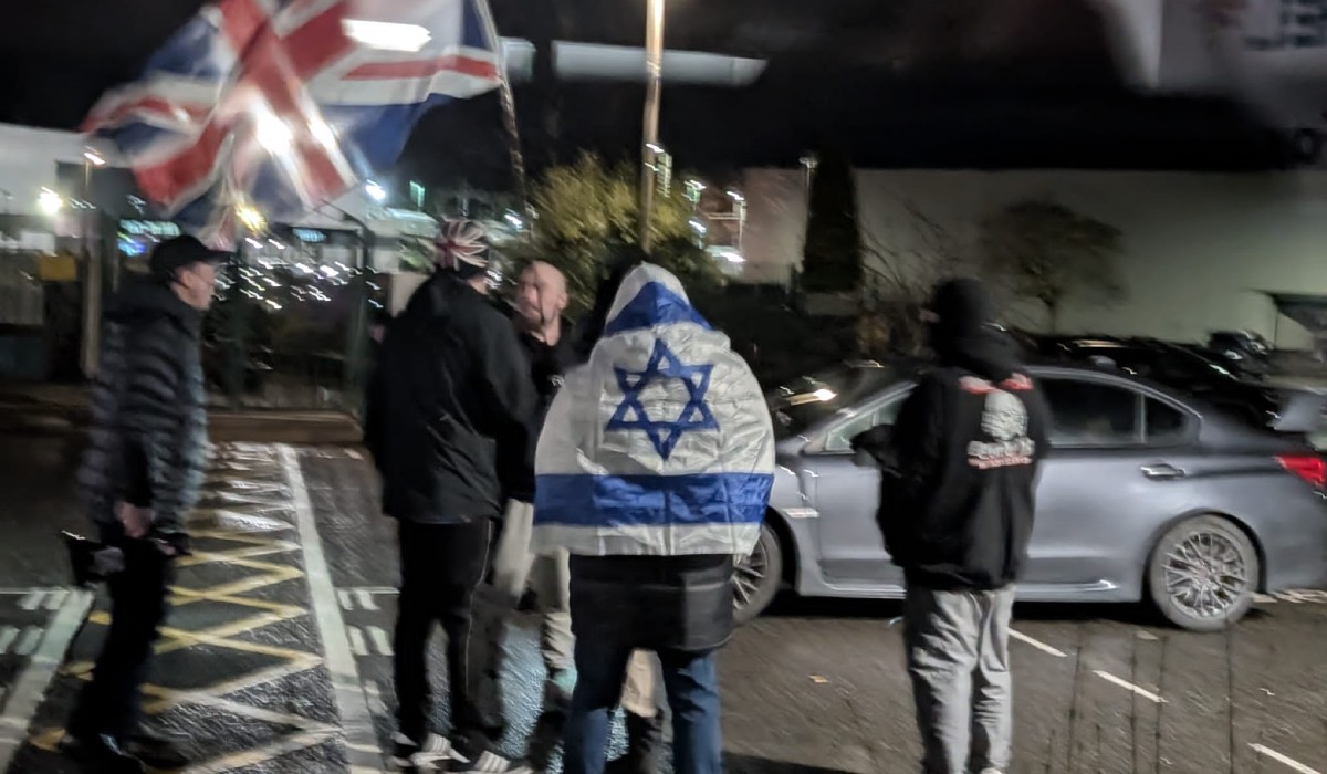 Far-right protestors outside a Palestine solidarity meeting in Falkirk.
