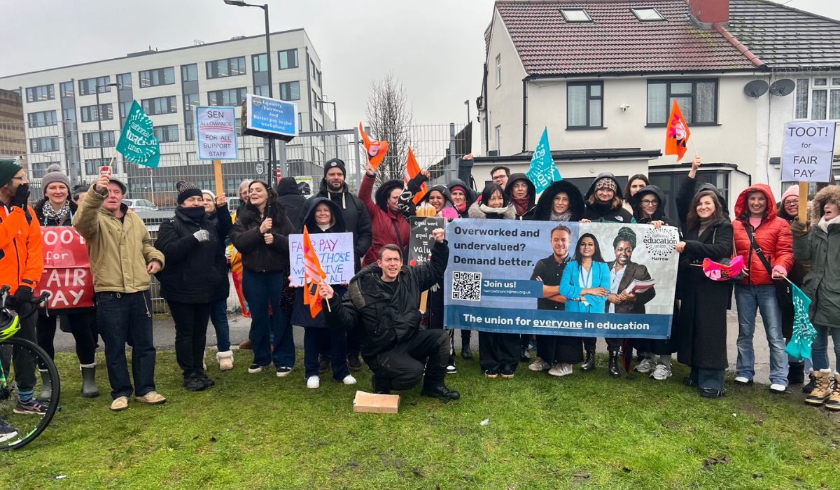 Strikers protest outside Harrow Civic Hub Friday morning 6 February.’