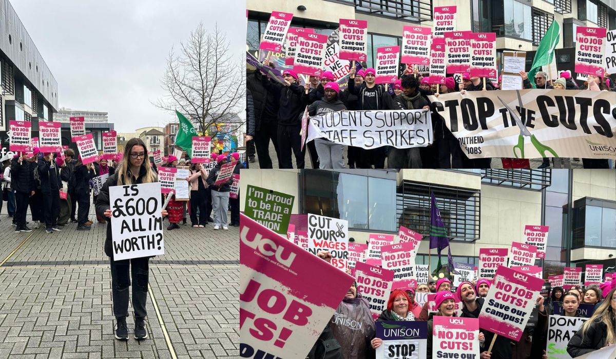 Essex University staff and students held a noisy protest on Thursday against management’s proposal to shut the Southend campus
