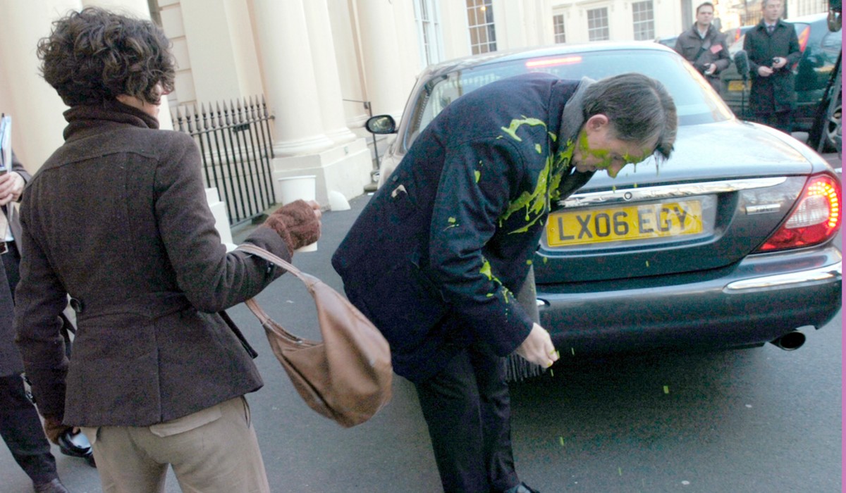 Peter Mandelson is slimed by an environmental protestor while business secretary, 06 March 2009