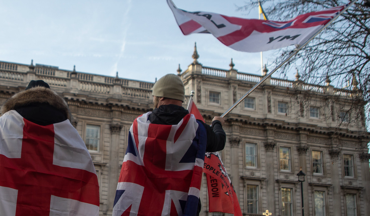 Tommy Robinson’s Christian-right rally at Whitehall, December 2025. Photo: Flickr/Steve Eason