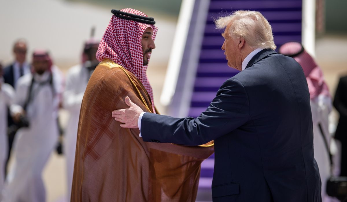 Donald Trump bids farewell to Saudi Crown Prince Mohammed bin Salman al Saud at King Khalid International Airport in Riyadh, May 2025