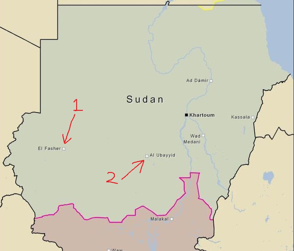 Map of Sudan identifying El Fasher and El Obeid aka Al Ubayyid