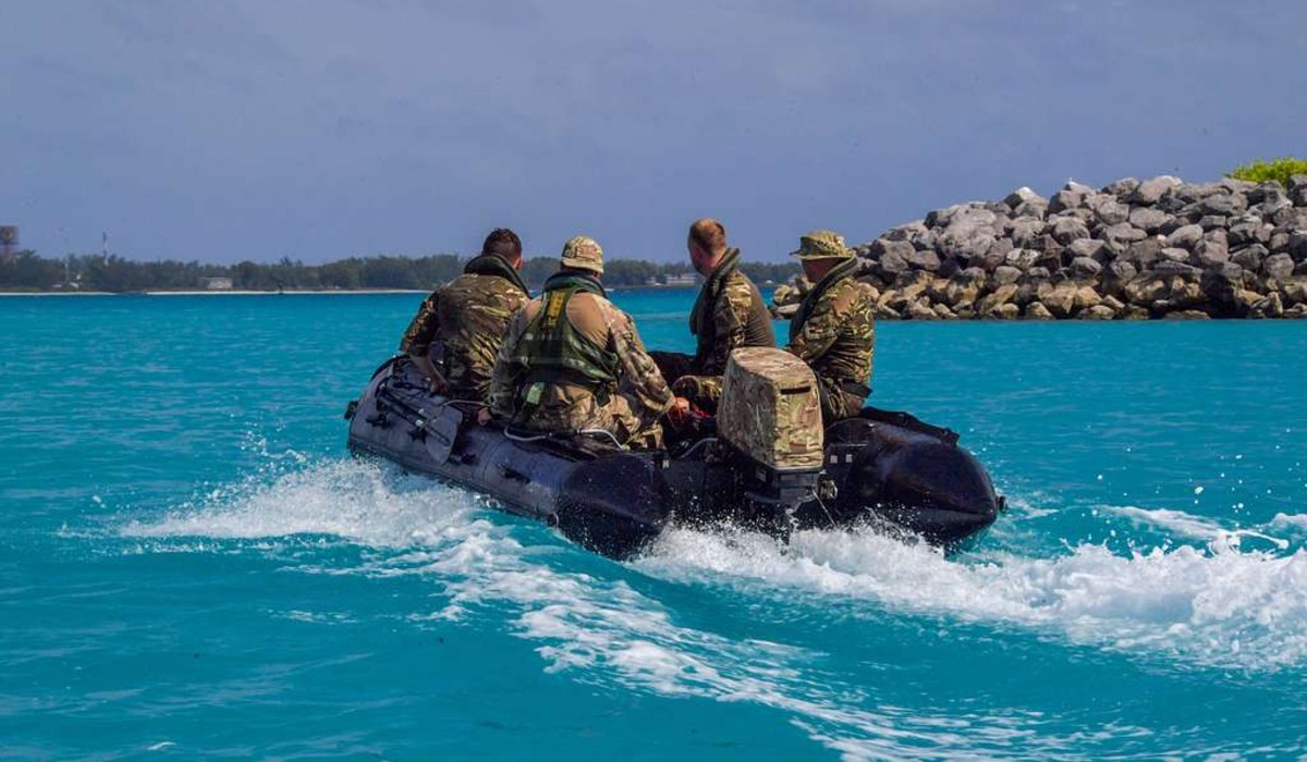 US Navy sailors and UK Royal Marines taking part in a joint exercise in the Chagos Islands.