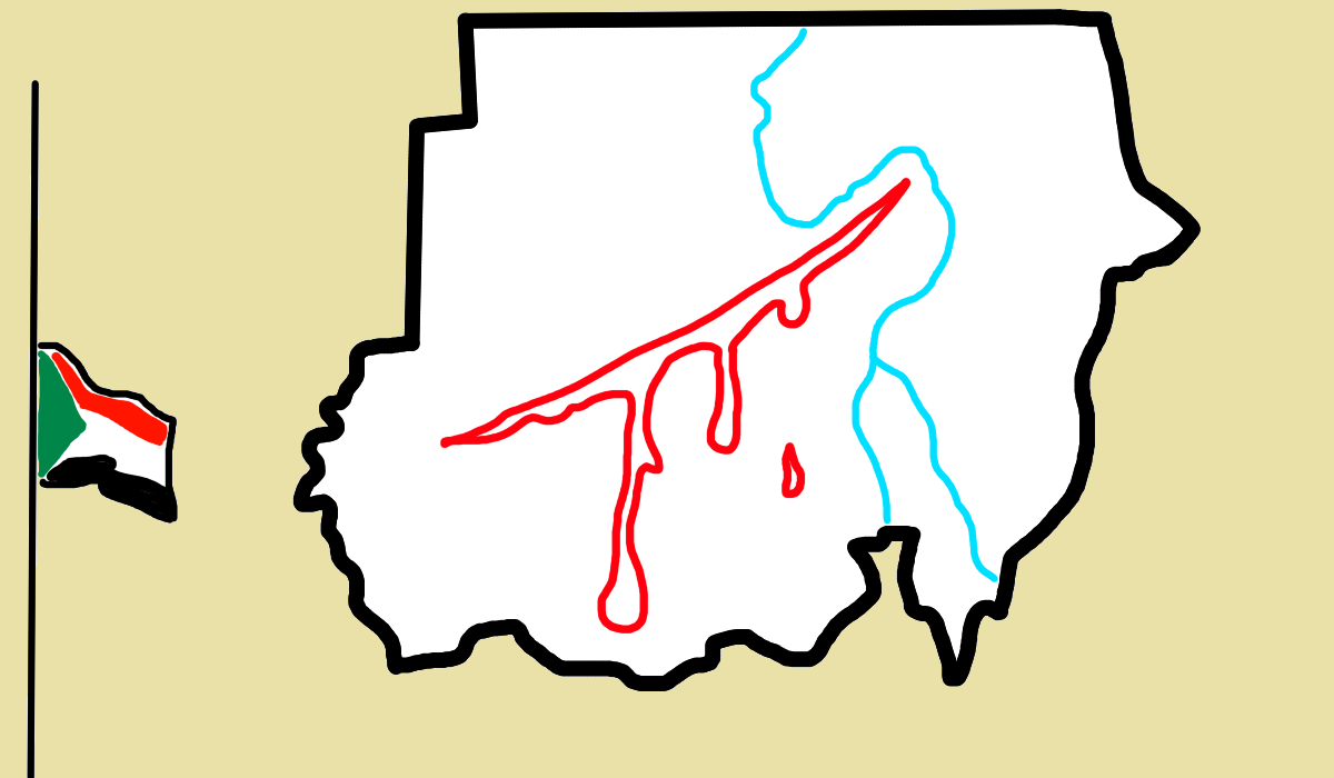 An outline of the country of Sudan with a bloody gash through the middle and the Sudanese flag at half mast.