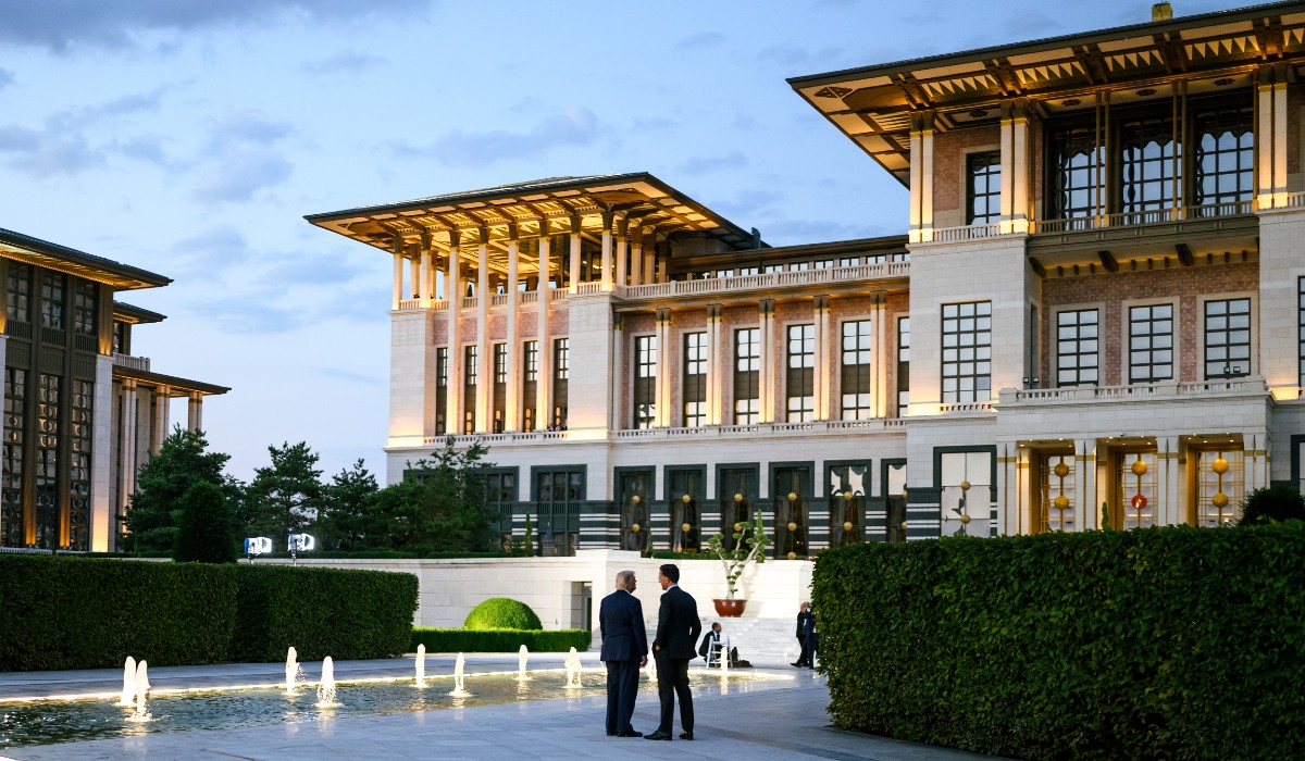 Donald Trump speaks with NATO Secretary General Mark Rutte speaking at the Bestepe Presidential Compound in Ankara, Turkey